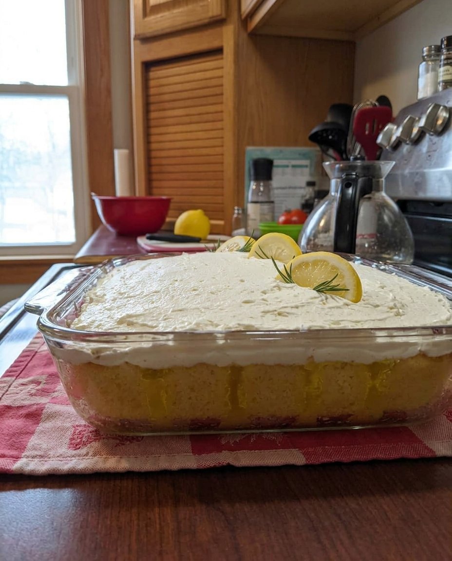 A single slice of lemon poke cake on a ceramic plate garnished with lemon zest.