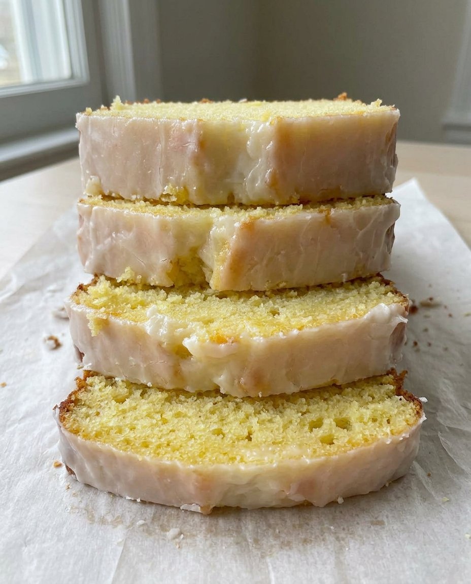 A golden lemon pound cake with thick white icing on a wooden board