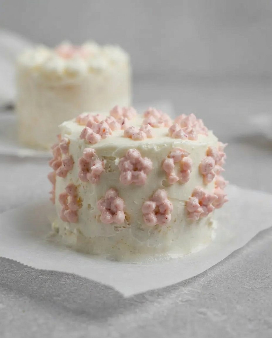 Two lunch box cakes in containers with pastel frosting