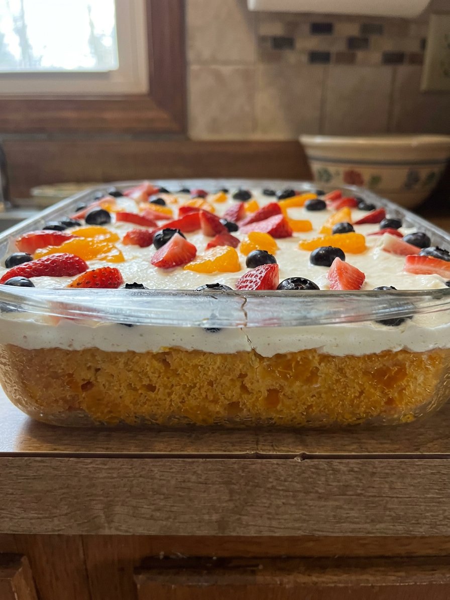 Mandarin orange cake batter in a bowl showing orange segments