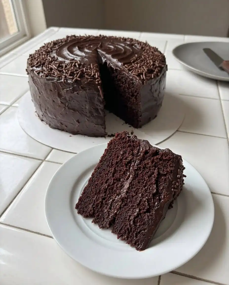 Matilda Cake 14 A large slice of multi layer chocolate cake on a white plate with a fork