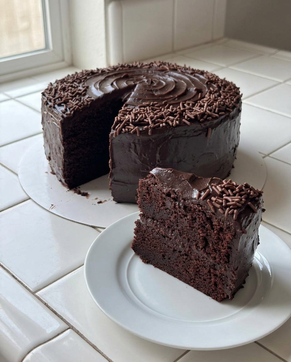 A close up view of a dark chocolate Matilda cake showing the moist fudgy crumb