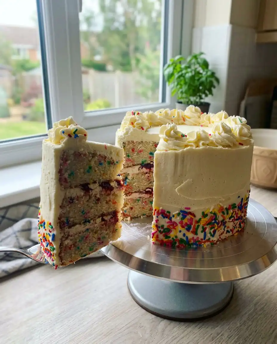 Mise en place of cake flour buttermilk and sprinkles for funfetti cake