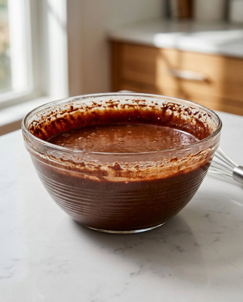 Pouring boiling water into a dark chocolate cake batter.