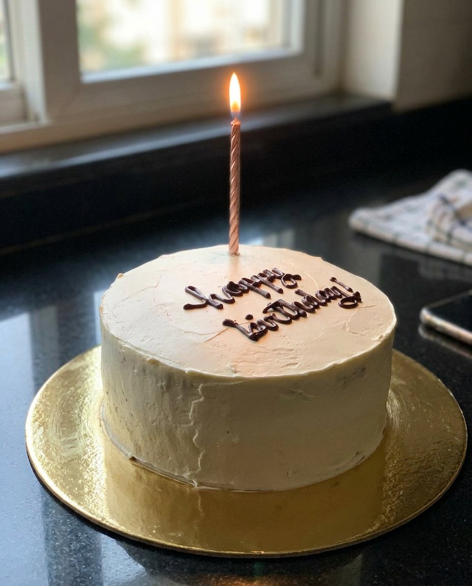 A smooth white minimalist cake sitting on a rustic wooden farmhouse table