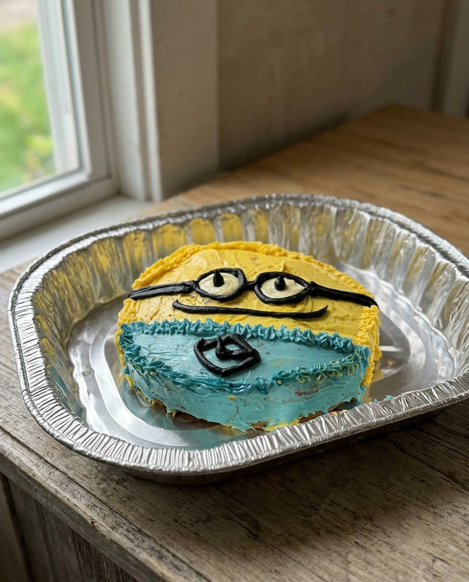 A homemade Minion cake with yellow frosting and blue overalls