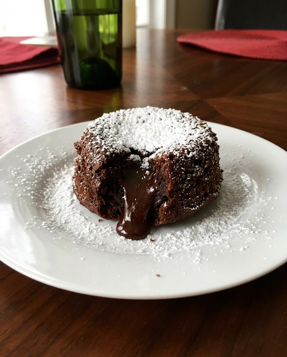 A chocolate lava cake being cut open to reveal a liquid center