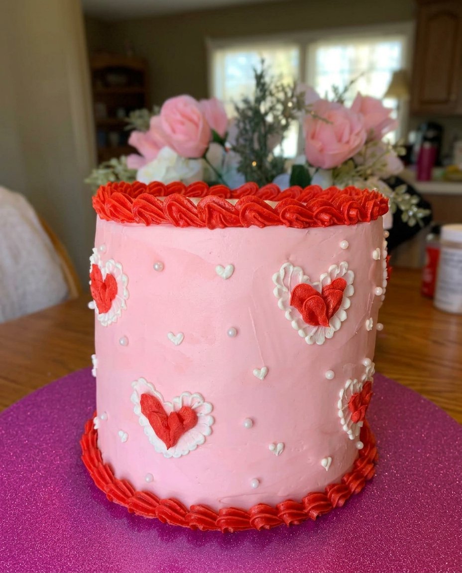 A tall white and pink Valentines Day Cake decorated with cherries and sprinkles on a glass stand.