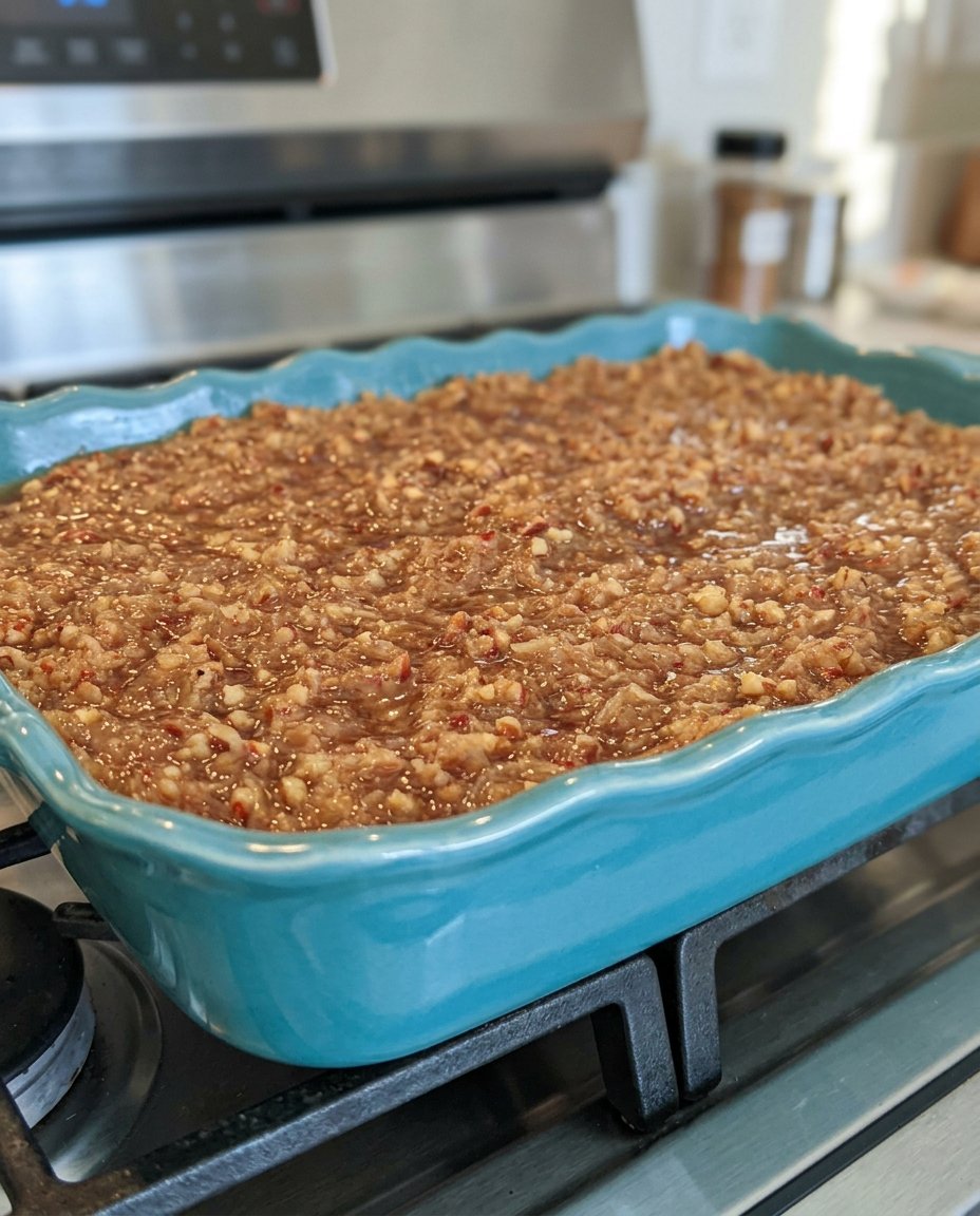 Oatmeal Cake 13 A close up view of a thick oatmeal cake batter being stirred in a glass bowl.