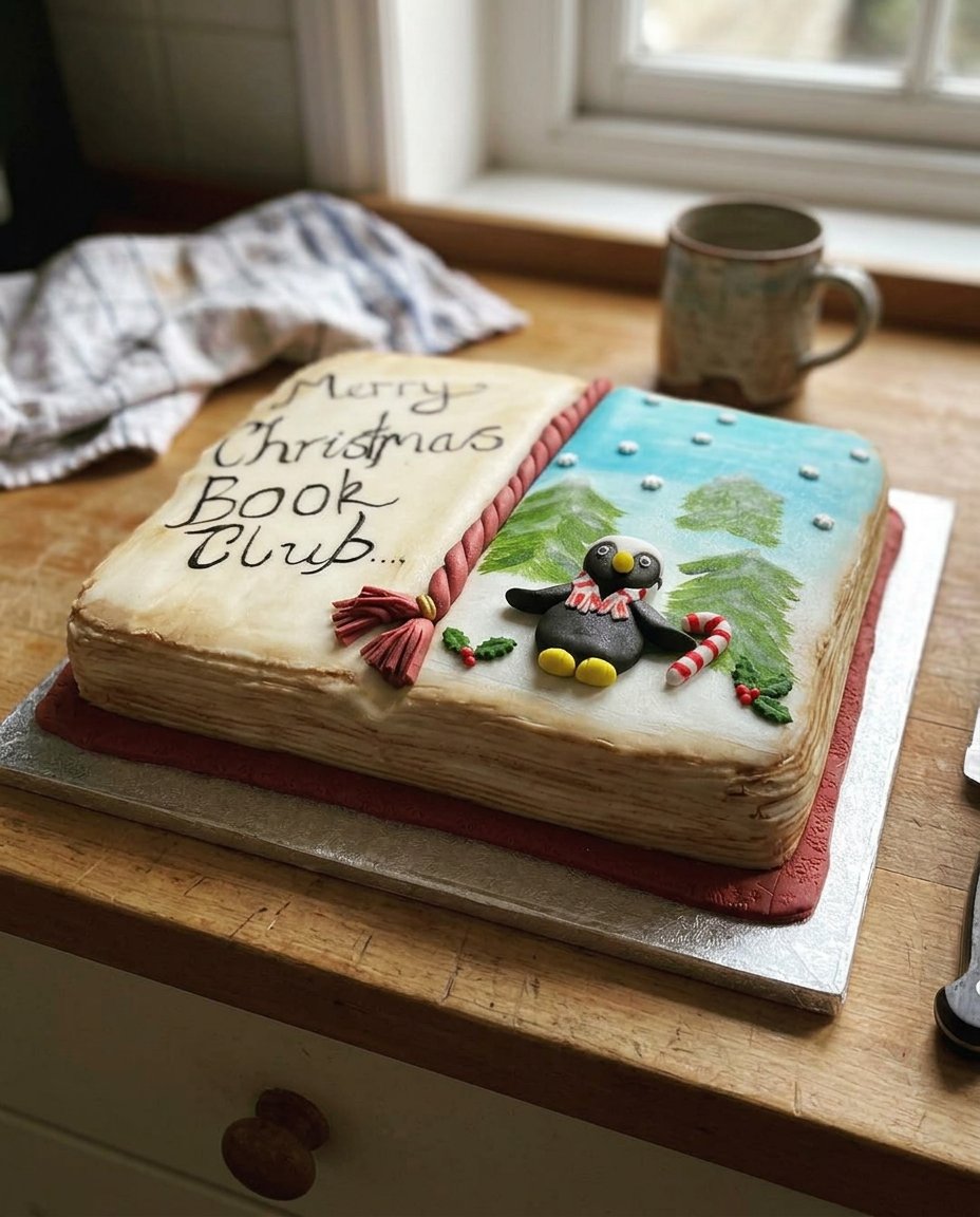 A beautifully decorated open book cake with pink royal icing flowers and textured pages.