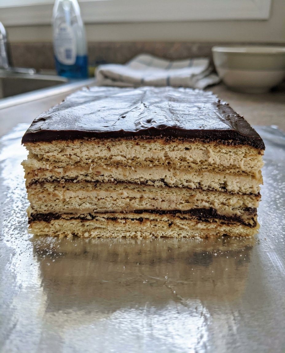Two thin slices of Opera Cake on a plate next to a steaming cup of coffee.