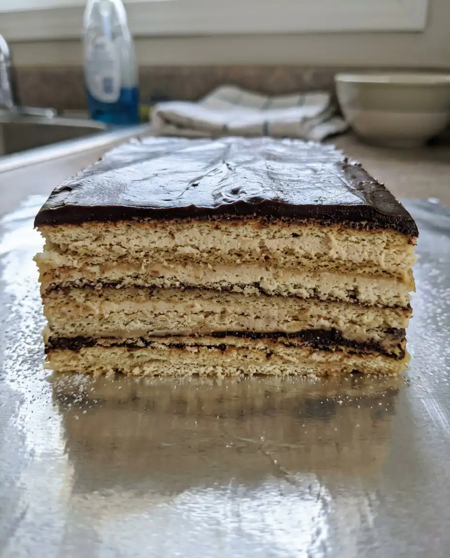 Two thin slices of Opera Cake on a plate next to a steaming cup of coffee.