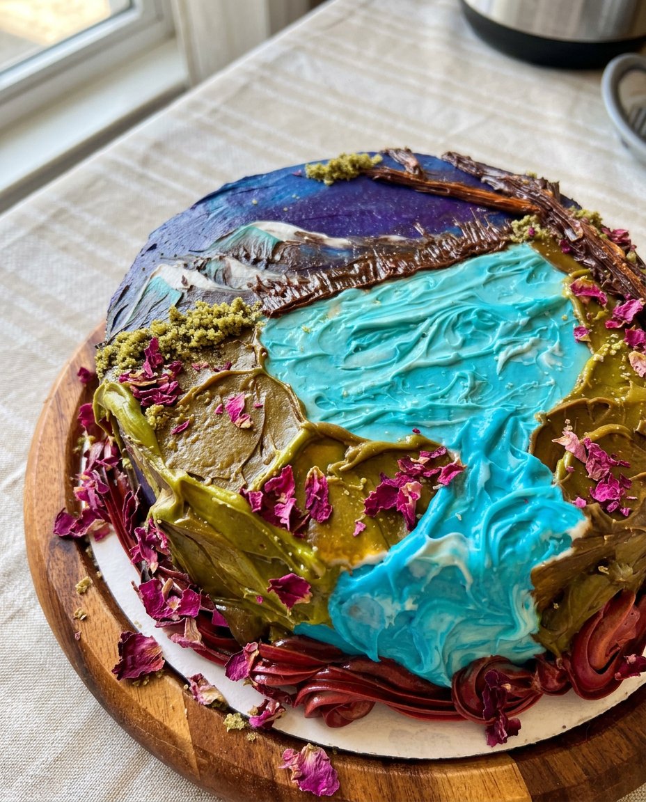Hand using a small brush to paint delicate floral designs on a white frosted cake.