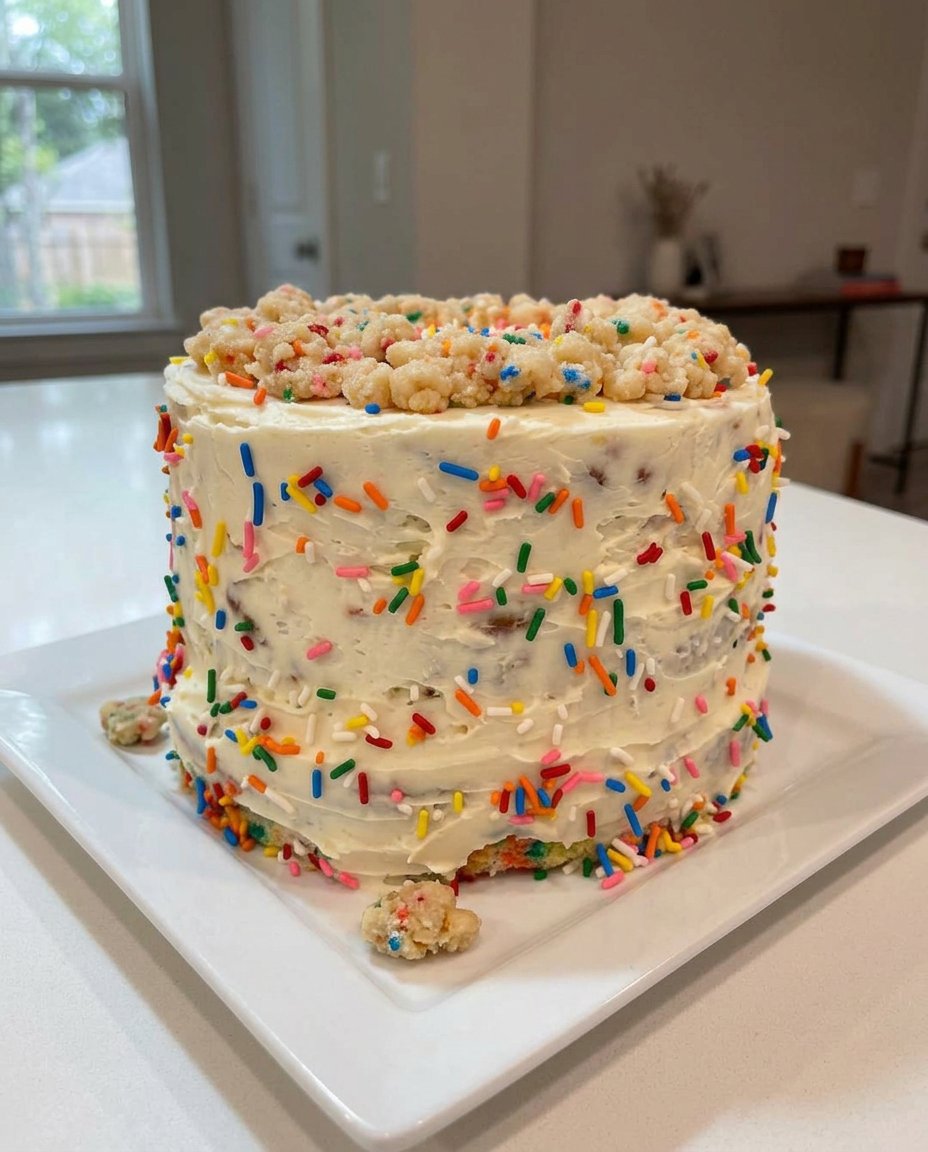 Close up of a Funfetti cake slice showing even sprinkle distribution and tender crumb