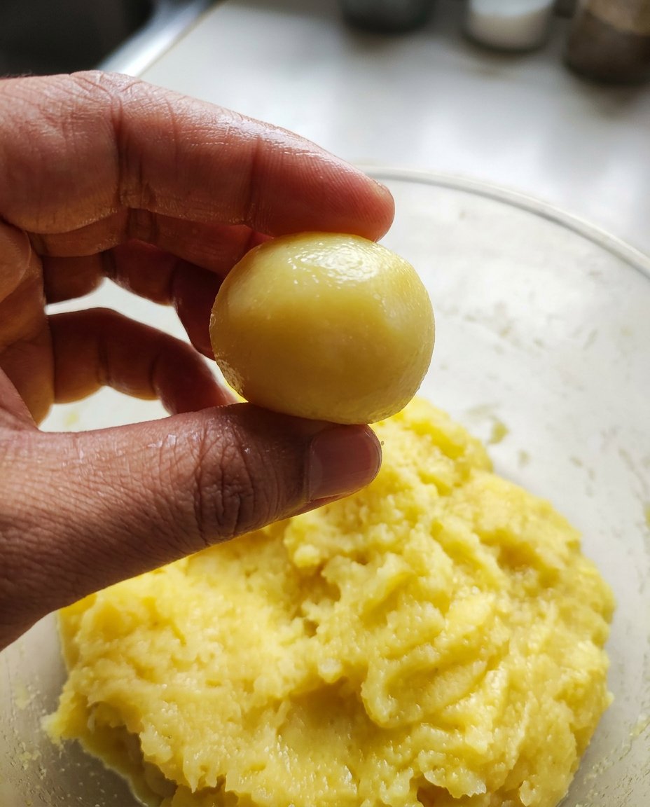 A person using a round biscuit cutter to shape a warm cookie on a baking sheet