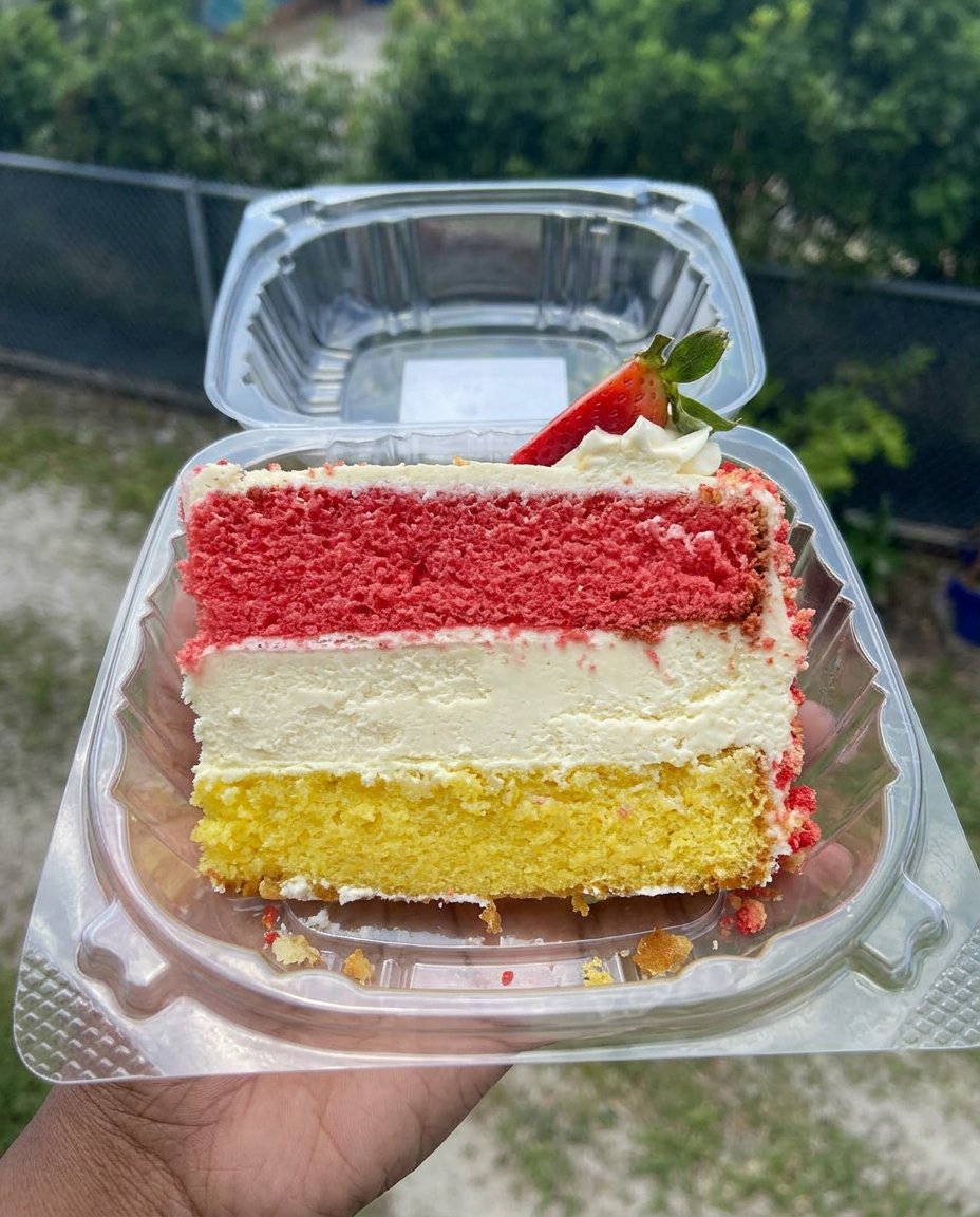 A top-down view of a golden carrot cake slice with white cream cheese frosting.