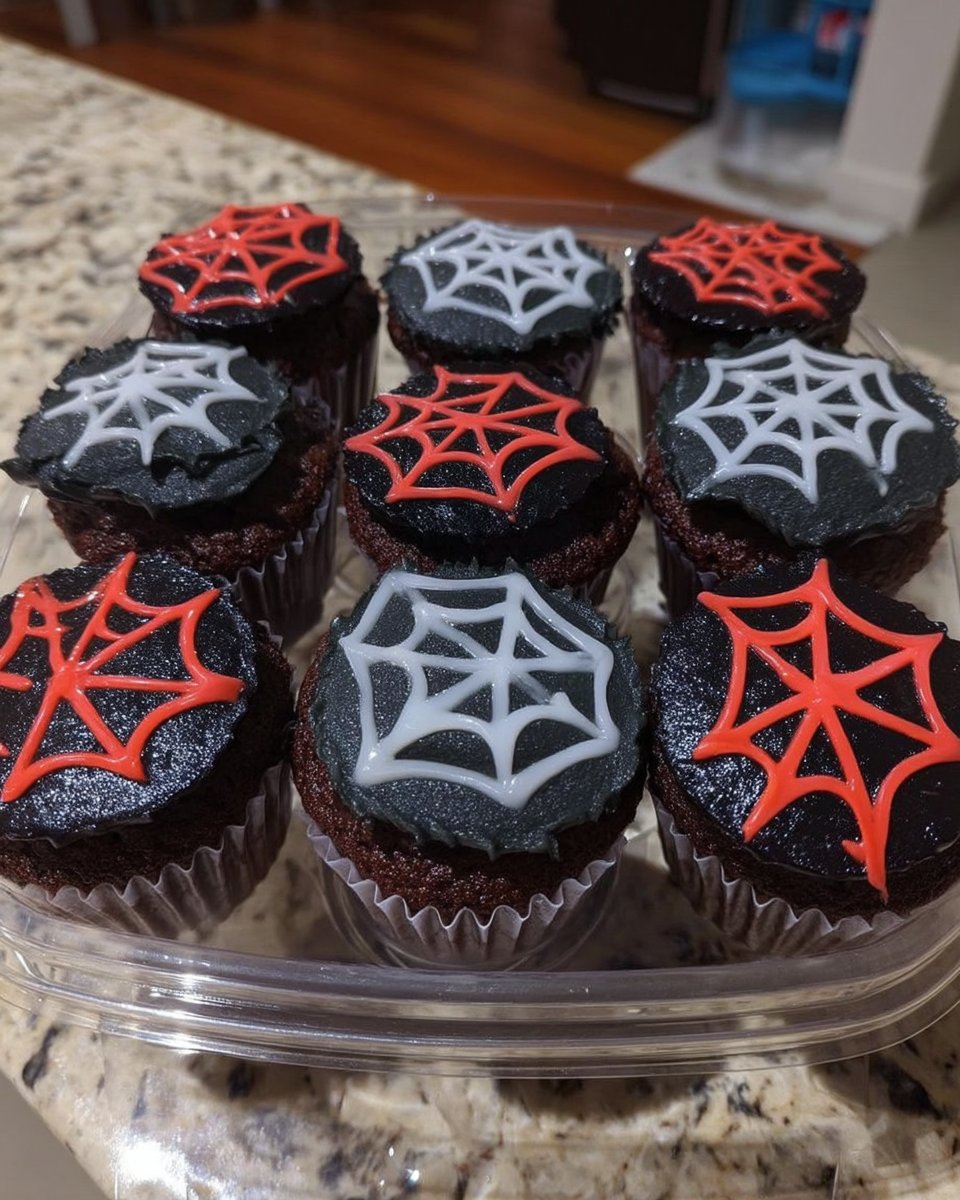 Close up of piping a chocolate web on a red sugar paste mask