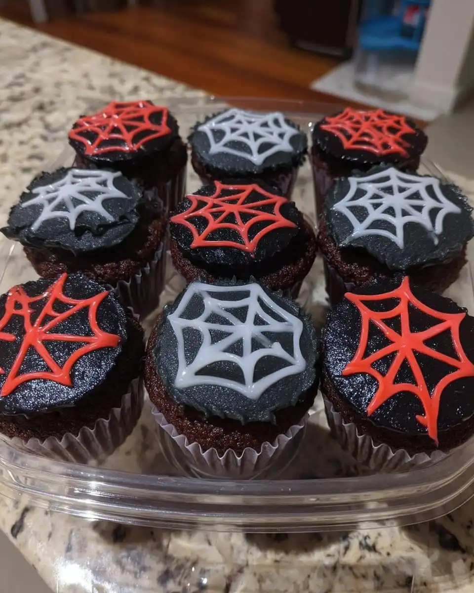 Close up of piping a chocolate web on a red sugar paste mask