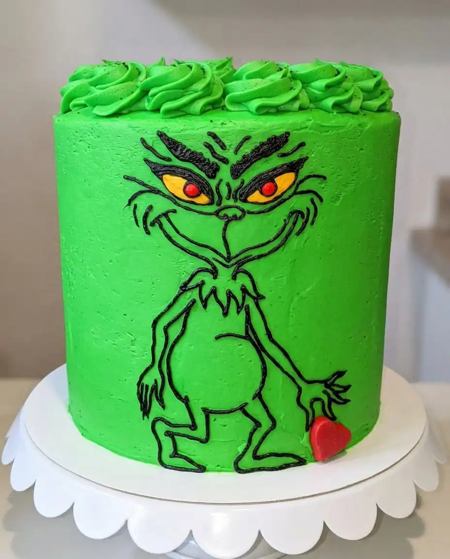 Grinch Cake 13 Silky green buttercream being applied to cake layers