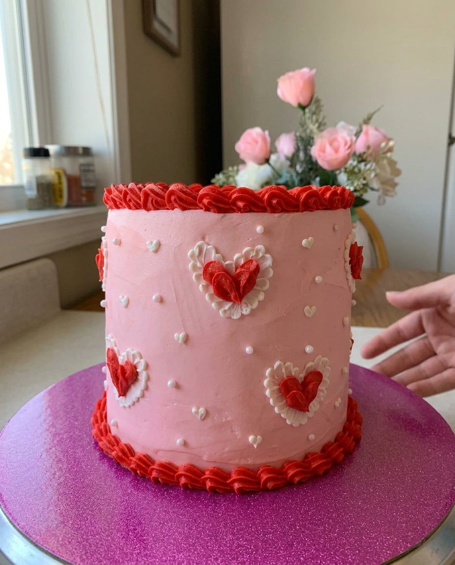 A person piping pink frosting dollops onto the top of a white cake.