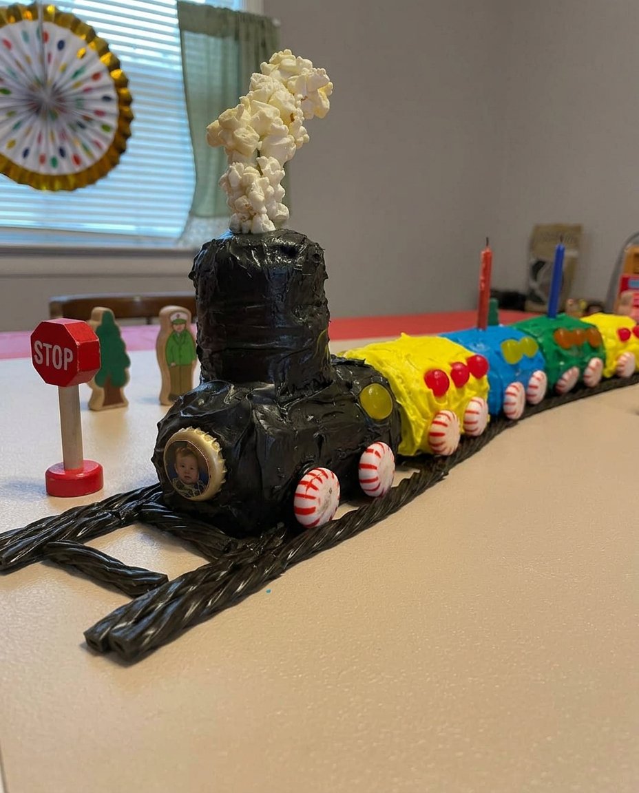 Hand piping buttercream details onto a train cake using Tip 5