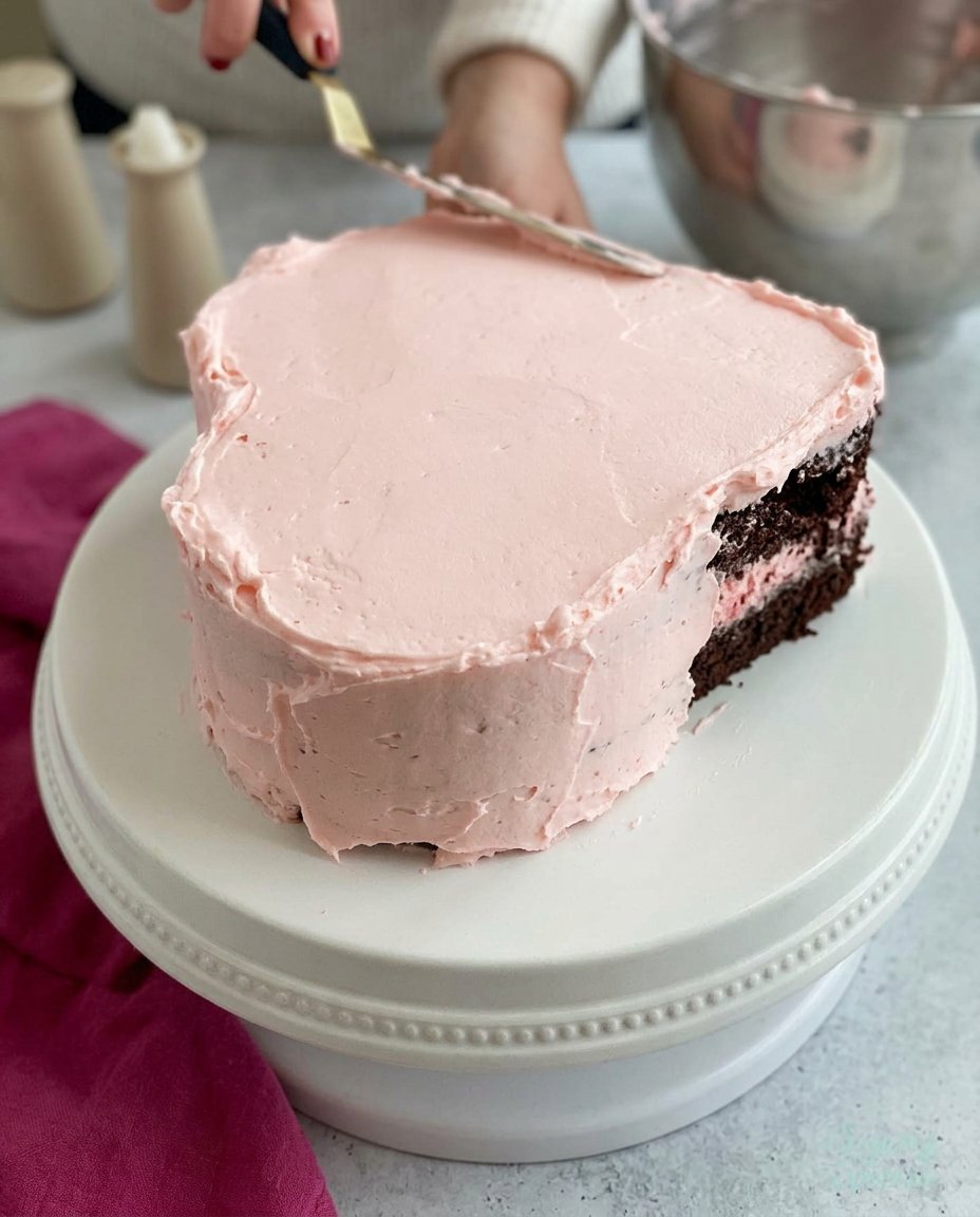 A hand piping delicate ruffles onto a heart shaped cake
