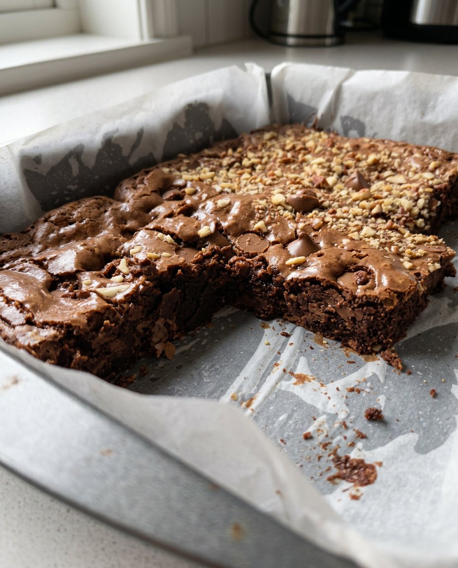 Brownie Cake 14 A square slice of brownie cake served on a white plate with a fork.