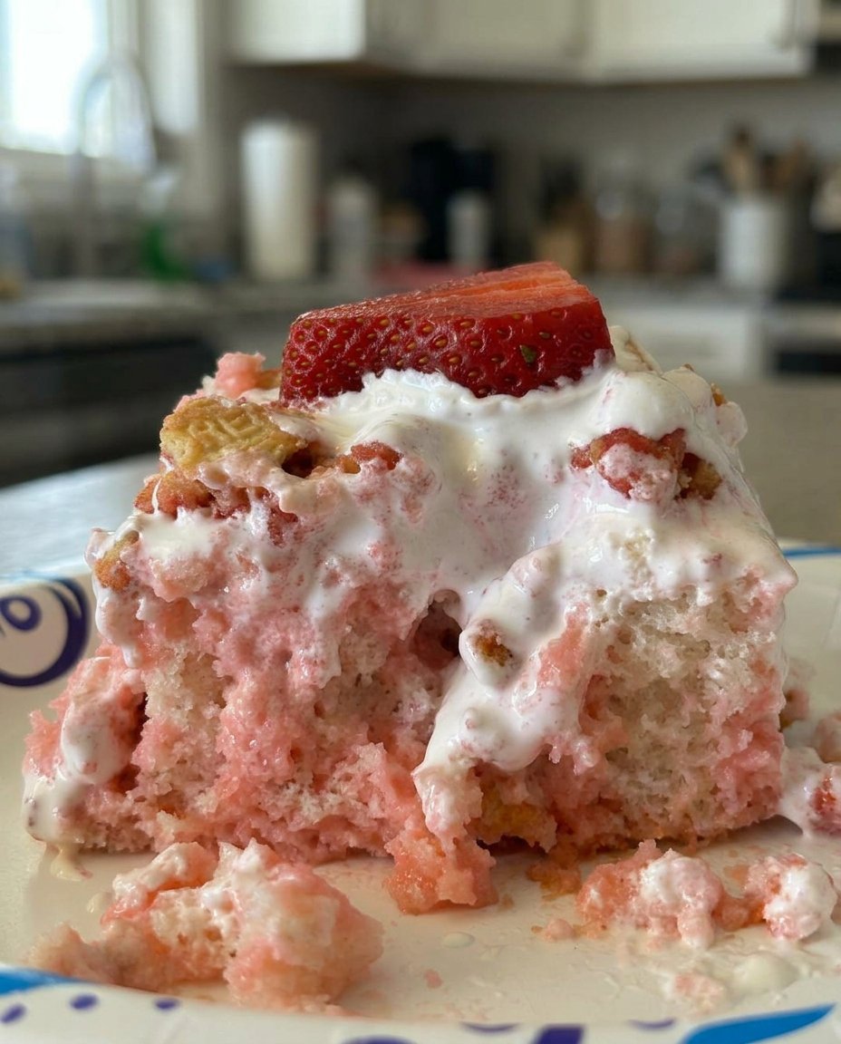 A hand using the handle of a wooden spoon to poke uniform holes in a baked white cake.