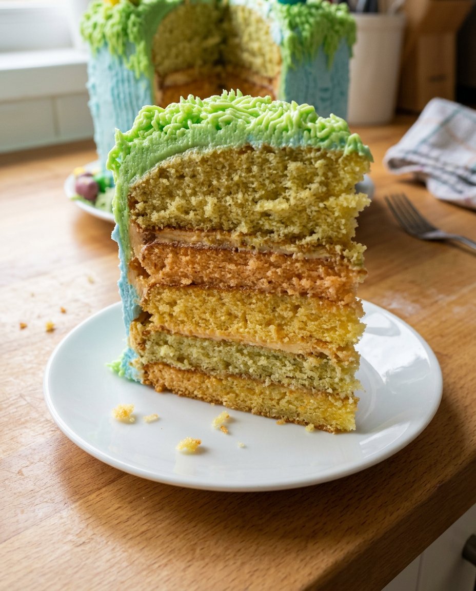 Lemon Rainbow Cake 14 A whole lemon rainbow cake on a cake stand next to a glass of Southern sweet tea.