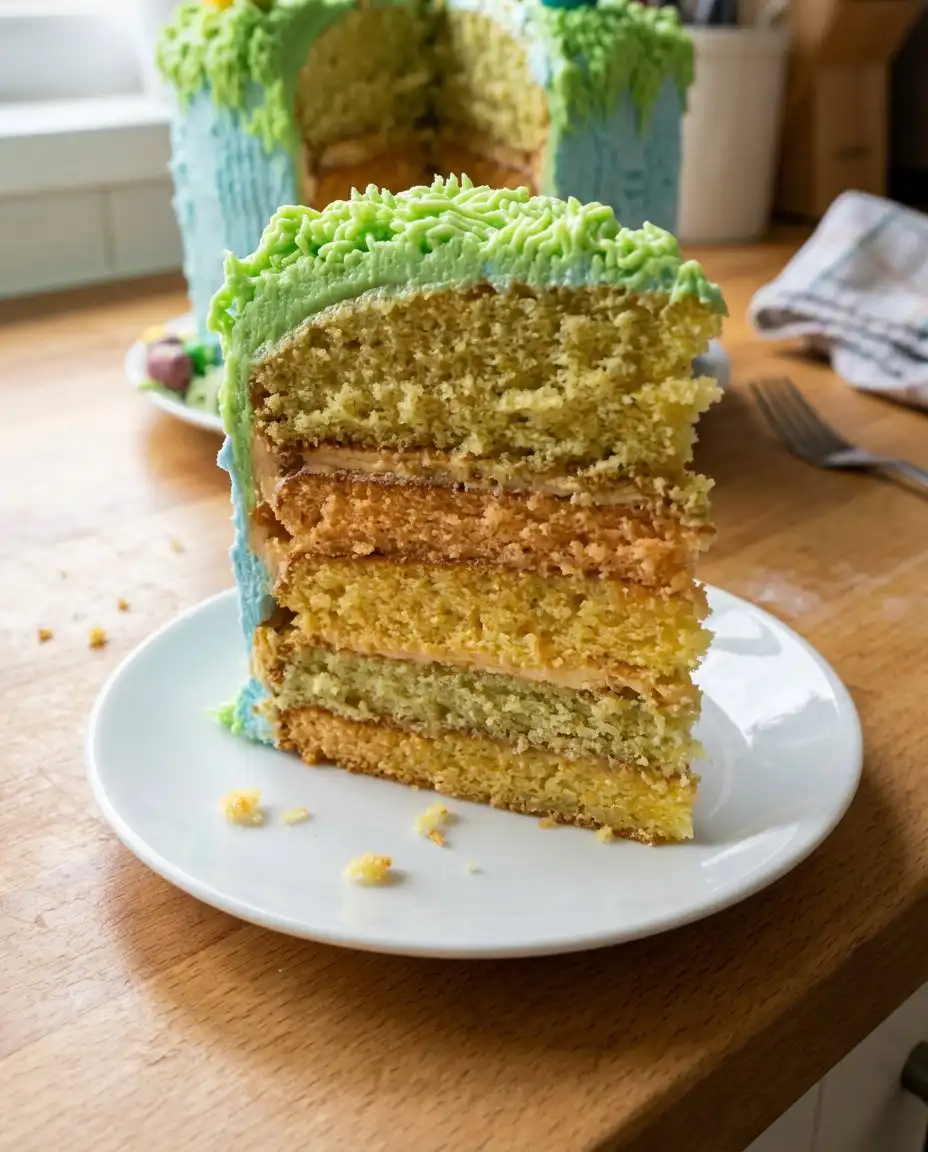 A whole lemon rainbow cake on a cake stand next to a glass of Southern sweet tea.