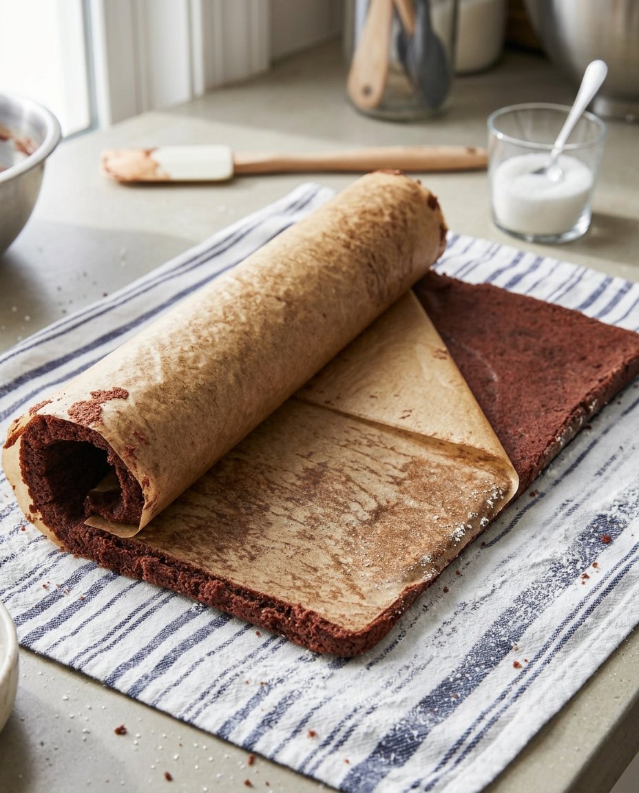 A warm chocolate cake being rolled in a kitchen towel dusted with sugar.