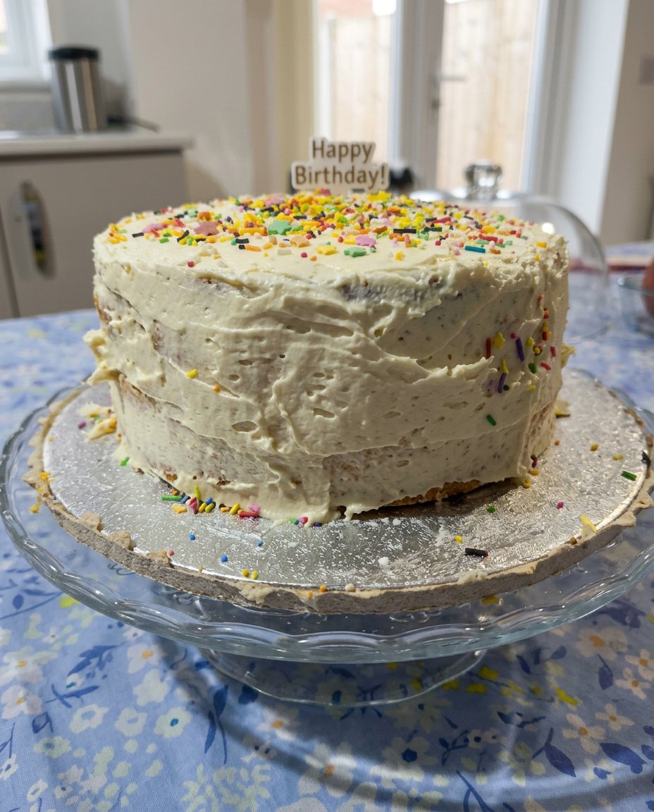 A golden brown birthday cake cooling on a wire rack in a rustic kitchen
