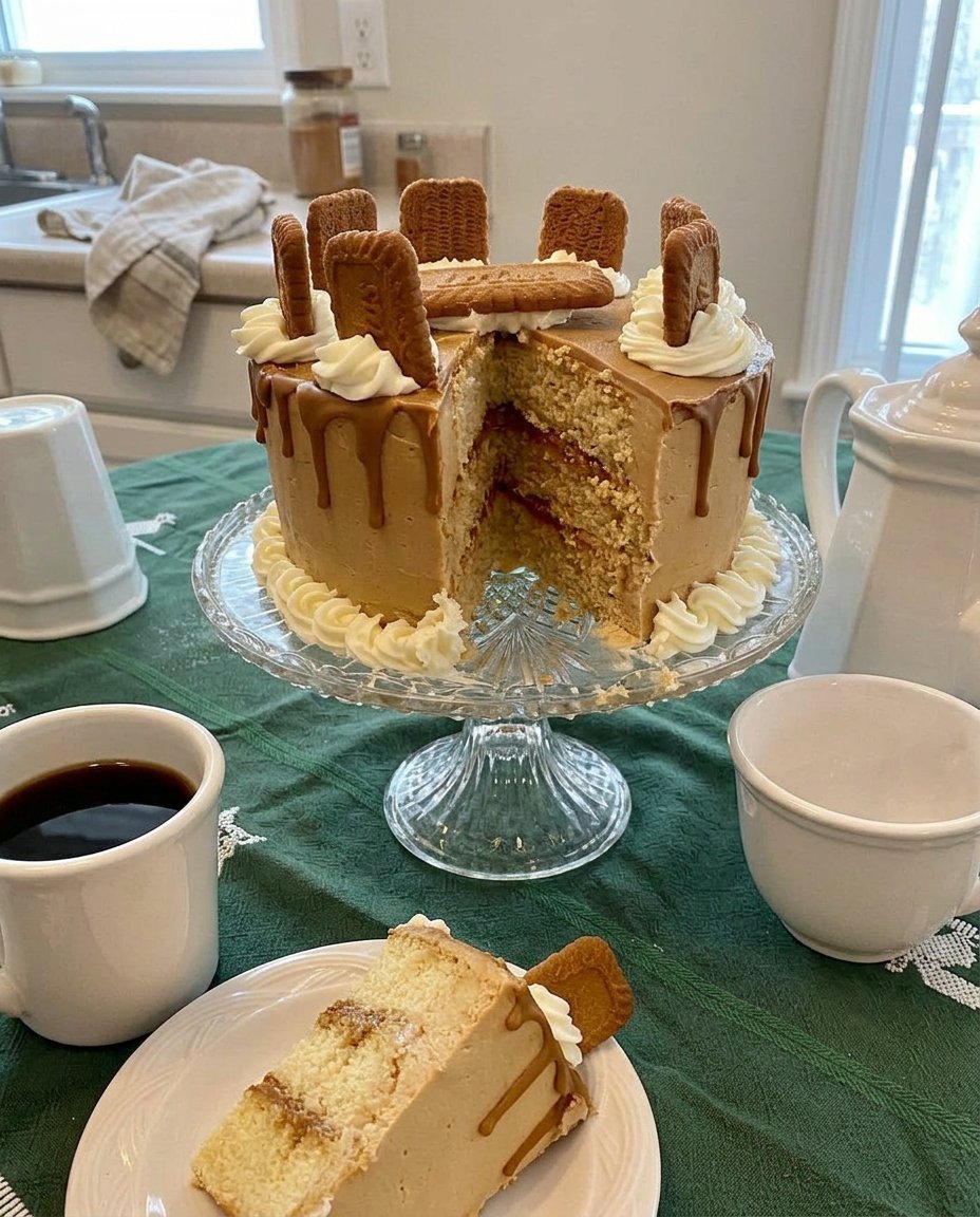 A rustic Biscoff cake topped with cookie butter drip and whole biscuits on a wooden table