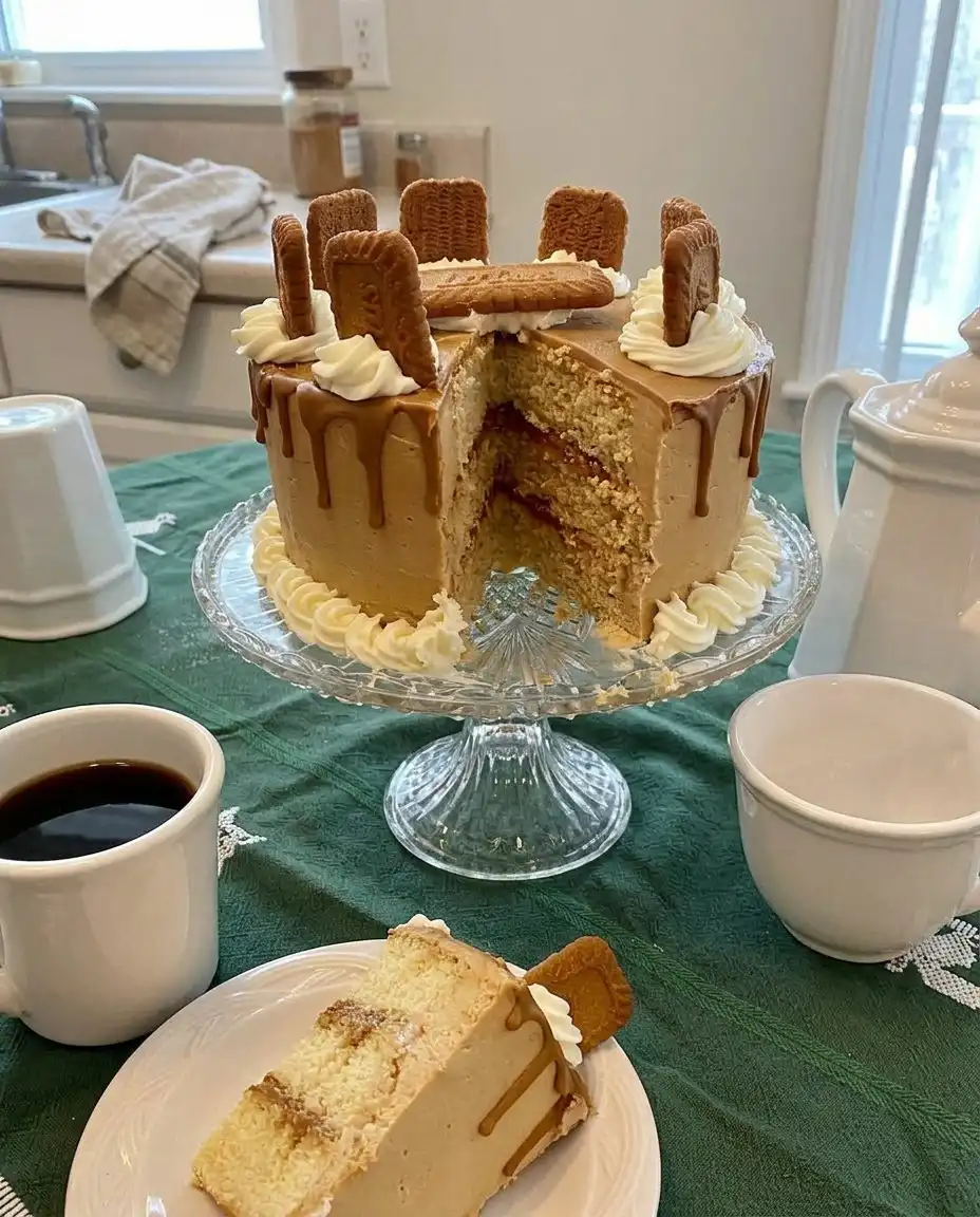 Biscoff Cake 10 A rustic Biscoff cake topped with cookie butter drip and whole biscuits on a wooden table