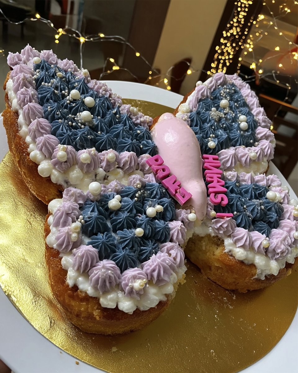 A group of golden butterfly cakes with buttercream wings on a rustic wooden table