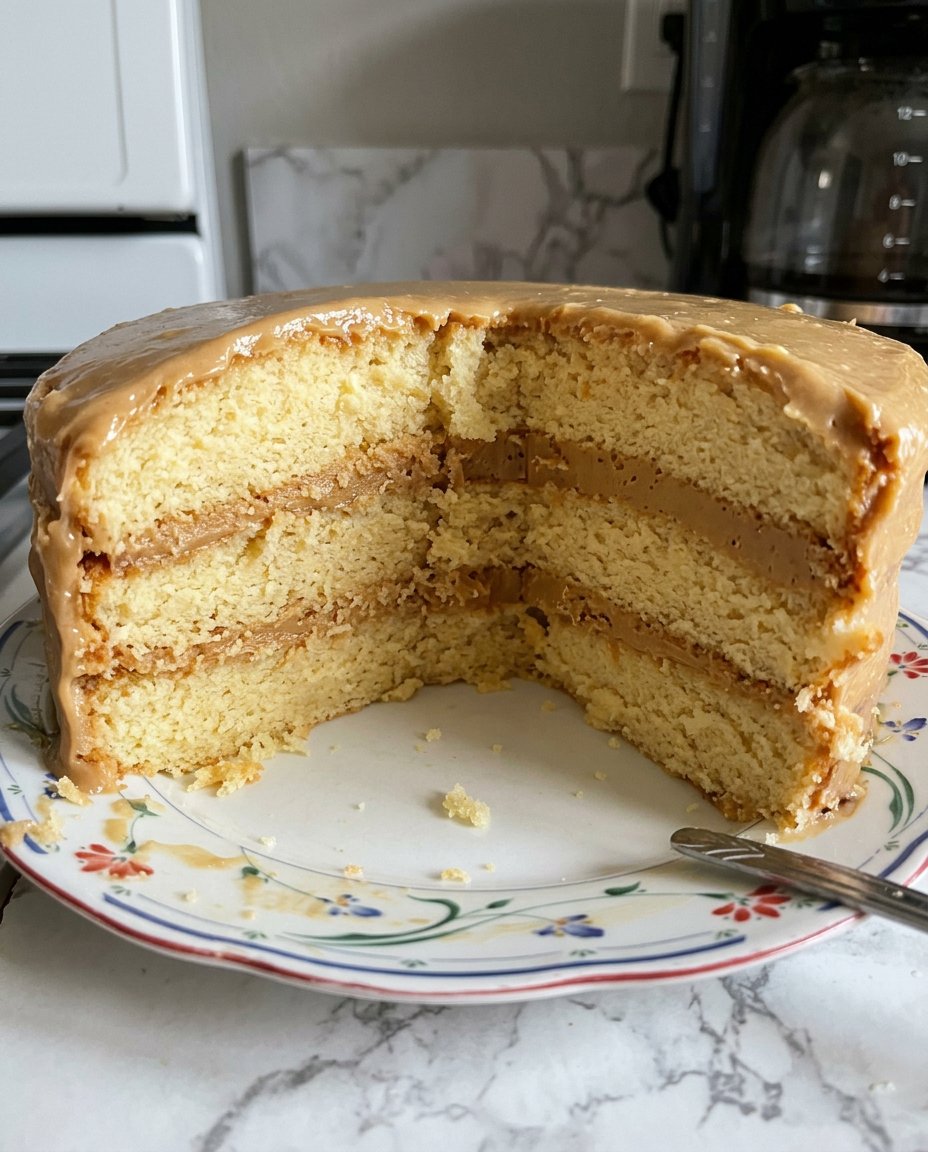 A three layer caramel cake with thick golden frosting on a wooden table