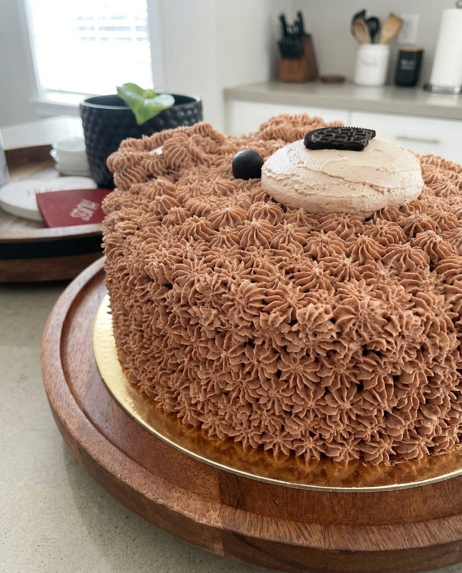 A rustic chocolate bear cake with piped buttercream fur and cookie ears