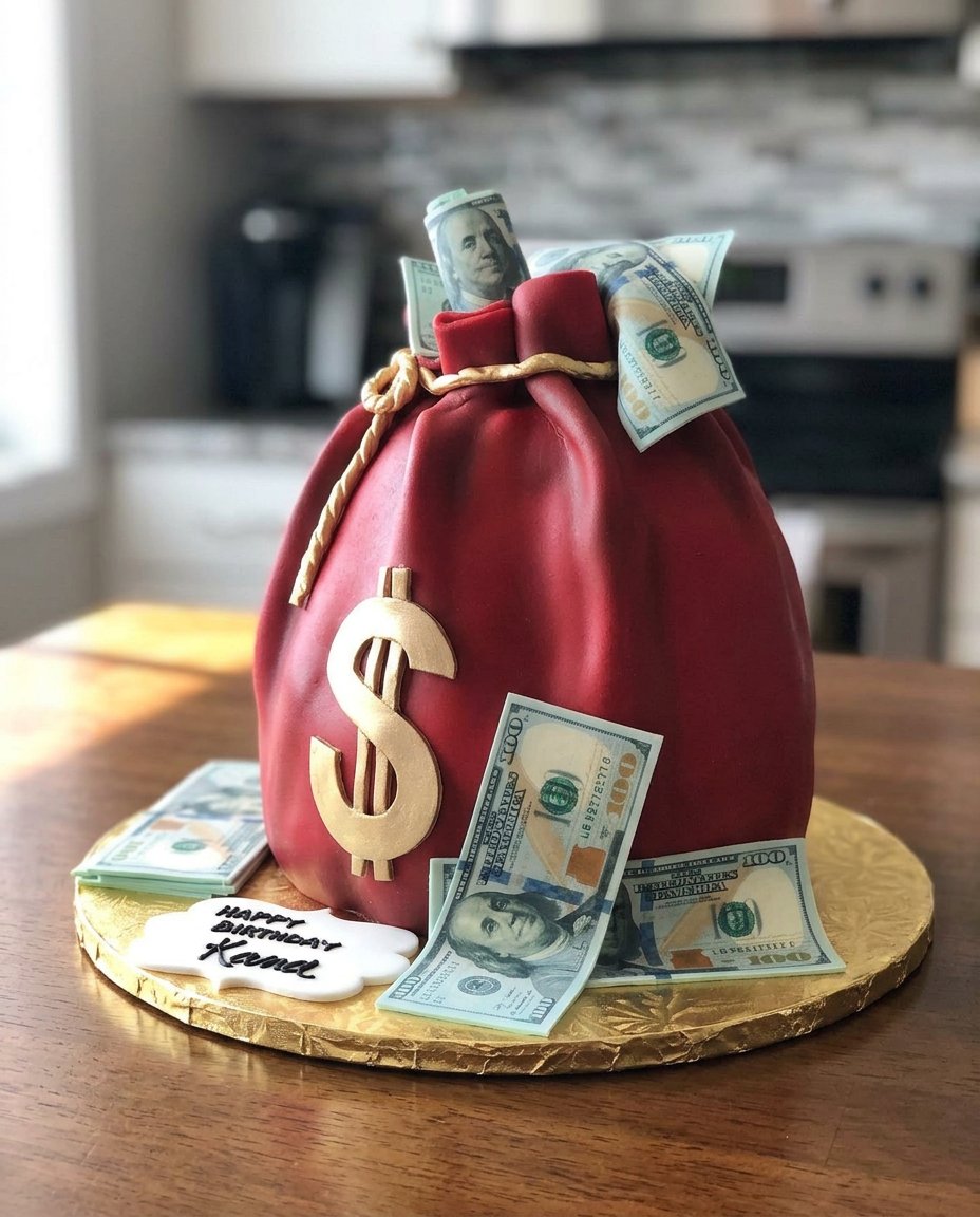 A rustic chocolate cake with peanut butter frosting and a ribbon pulling out money