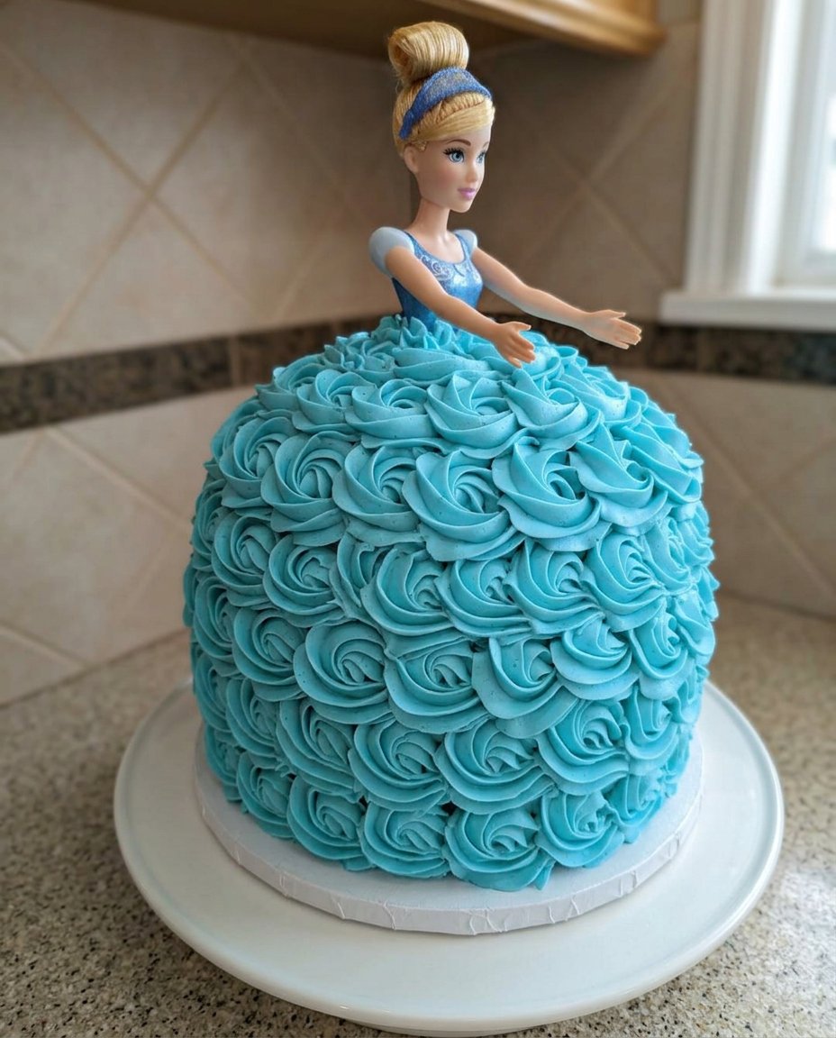 A tall homemade Cinderella doll cake with sky blue buttercream rosettes forming the dress
