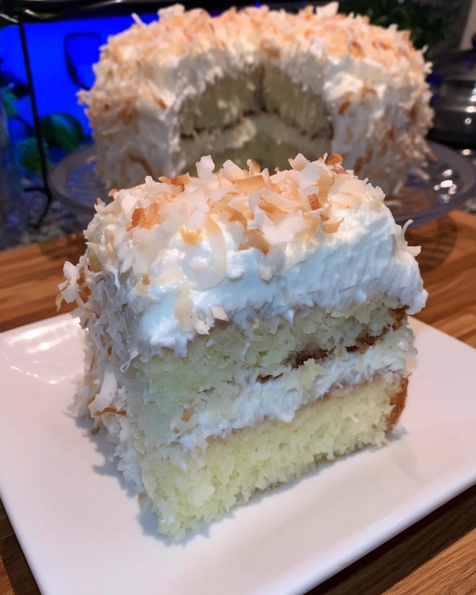 A rustic coconut cake covered in shredded coconut sitting on a dark wooden board