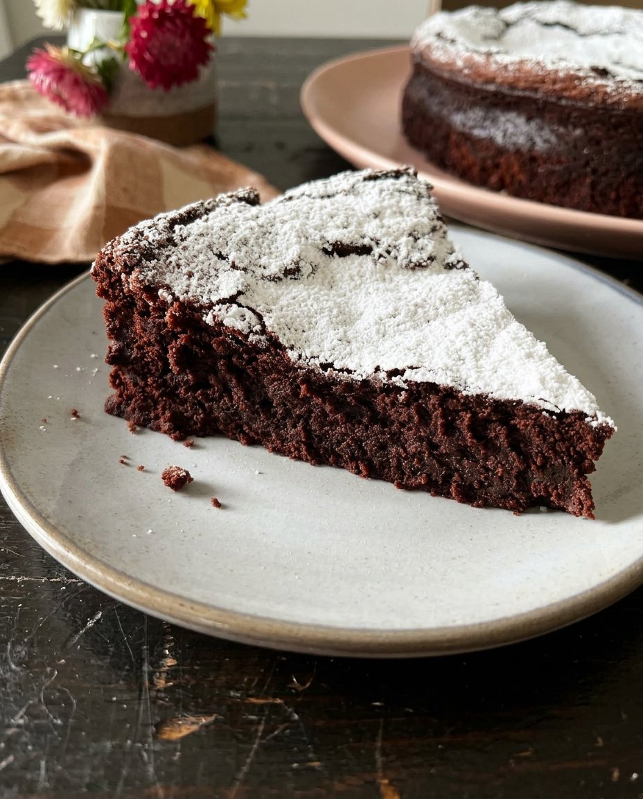 A rustic flourless chocolate cake with a crackly top on a wooden farmhouse table