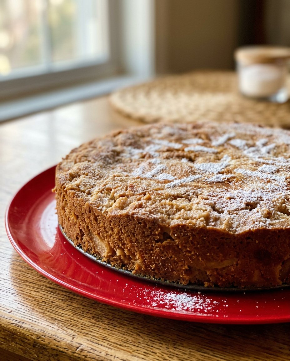 A golden brown French apple cake dusted with powdered sugar on a rustic wooden table