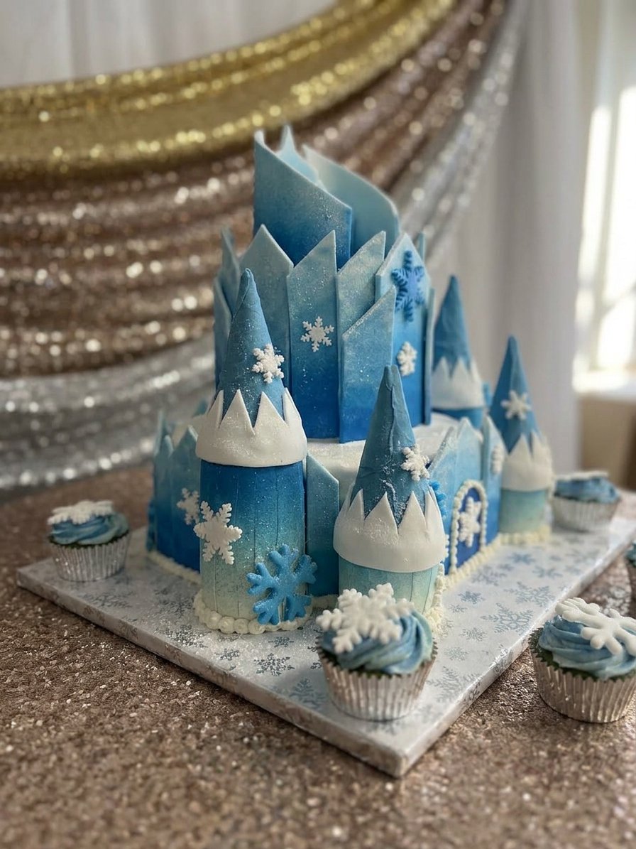 A tiered frozen cake decorated with a fondant Elsa and a blue sugar castle