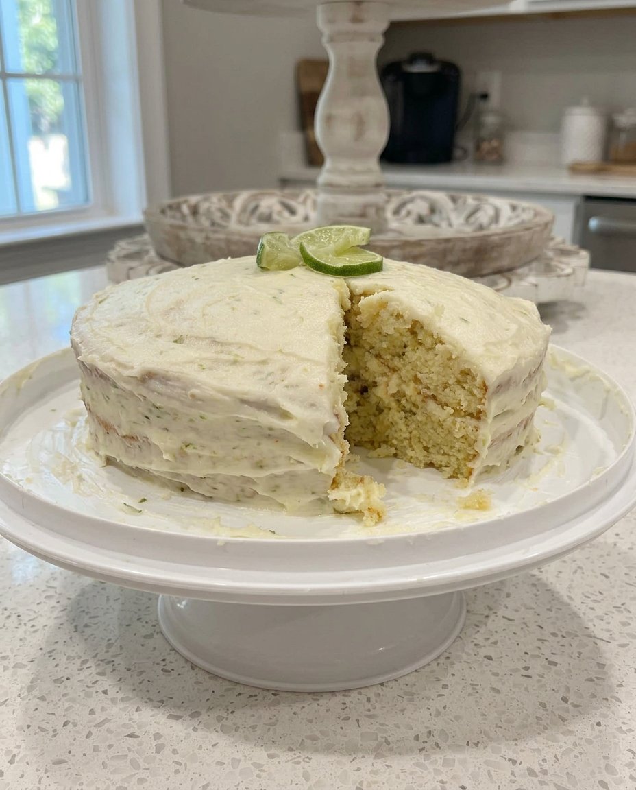 A rustic 13x9 key lime cake topped with thick green cream cheese frosting in a glass baking dish.