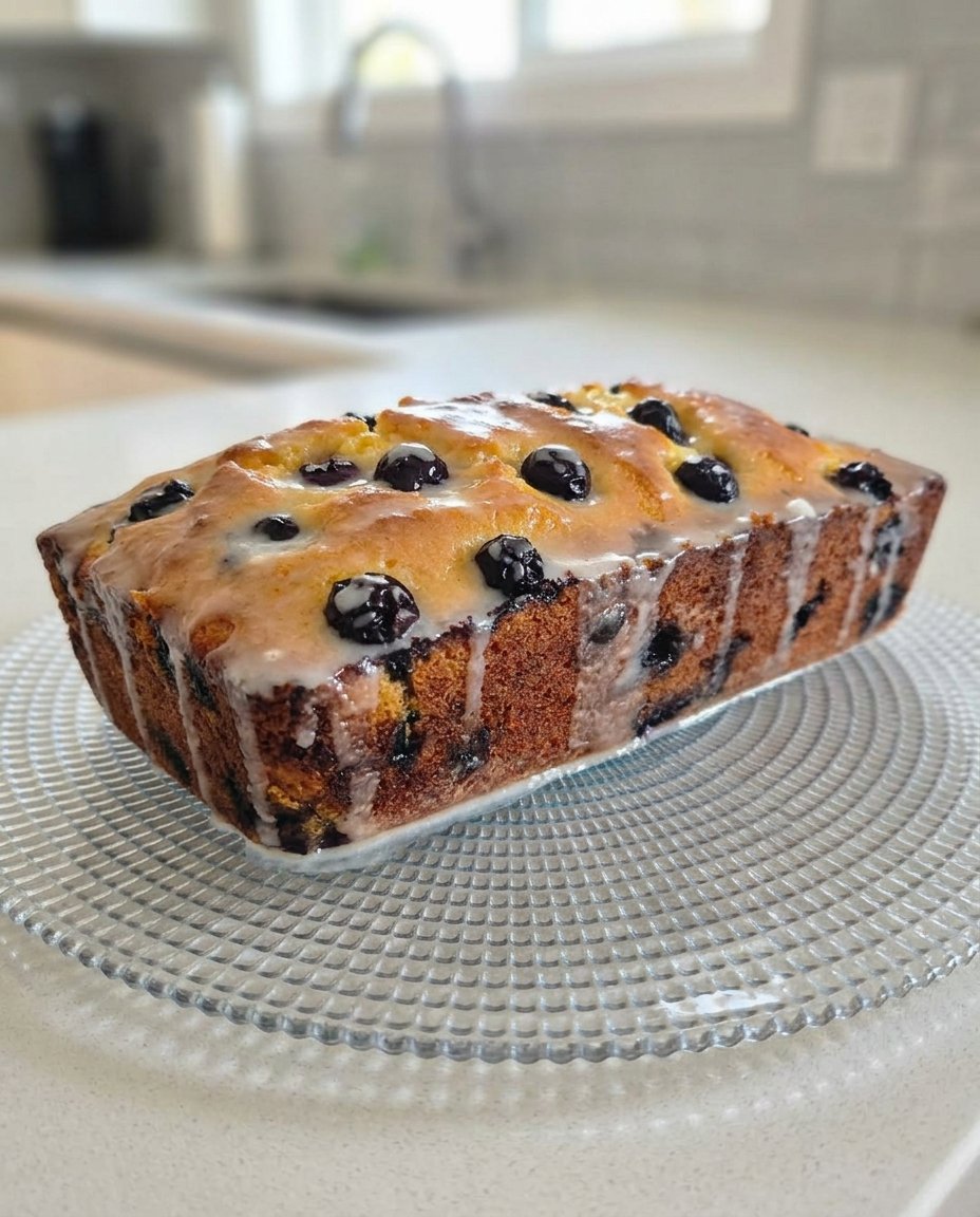 A three-layer lemon blueberry cake with cream cheese frosting on a rustic wooden table.