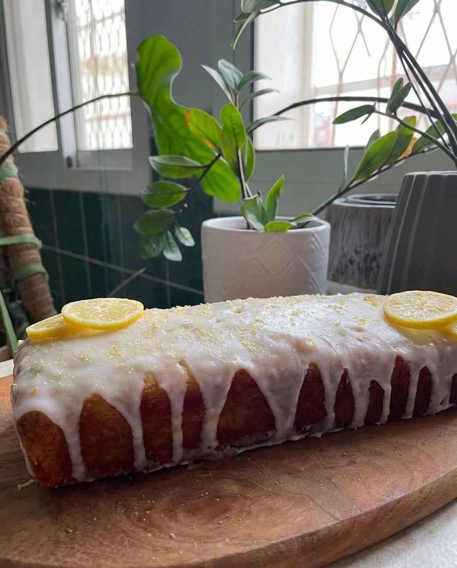A four-layer rustic lemon cake with lemon butter frosting on a wooden table.