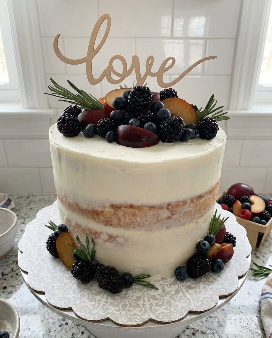 A beautiful rustic nude cake topped with fresh spring strawberries and a light dusting of sugar
