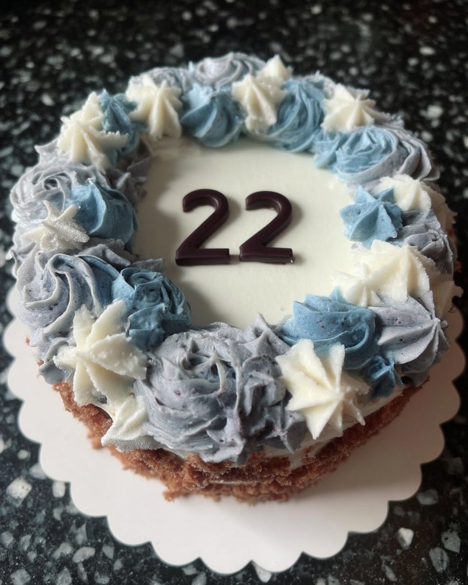 A rustic ombre cake with blue and yellow layers topped with fresh blueberries