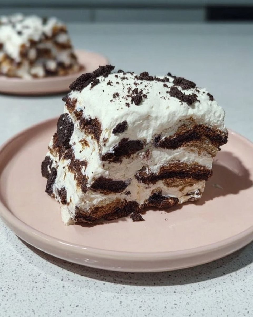 A square Oreo icebox cake with layers of cream and cookies on a rustic wooden table