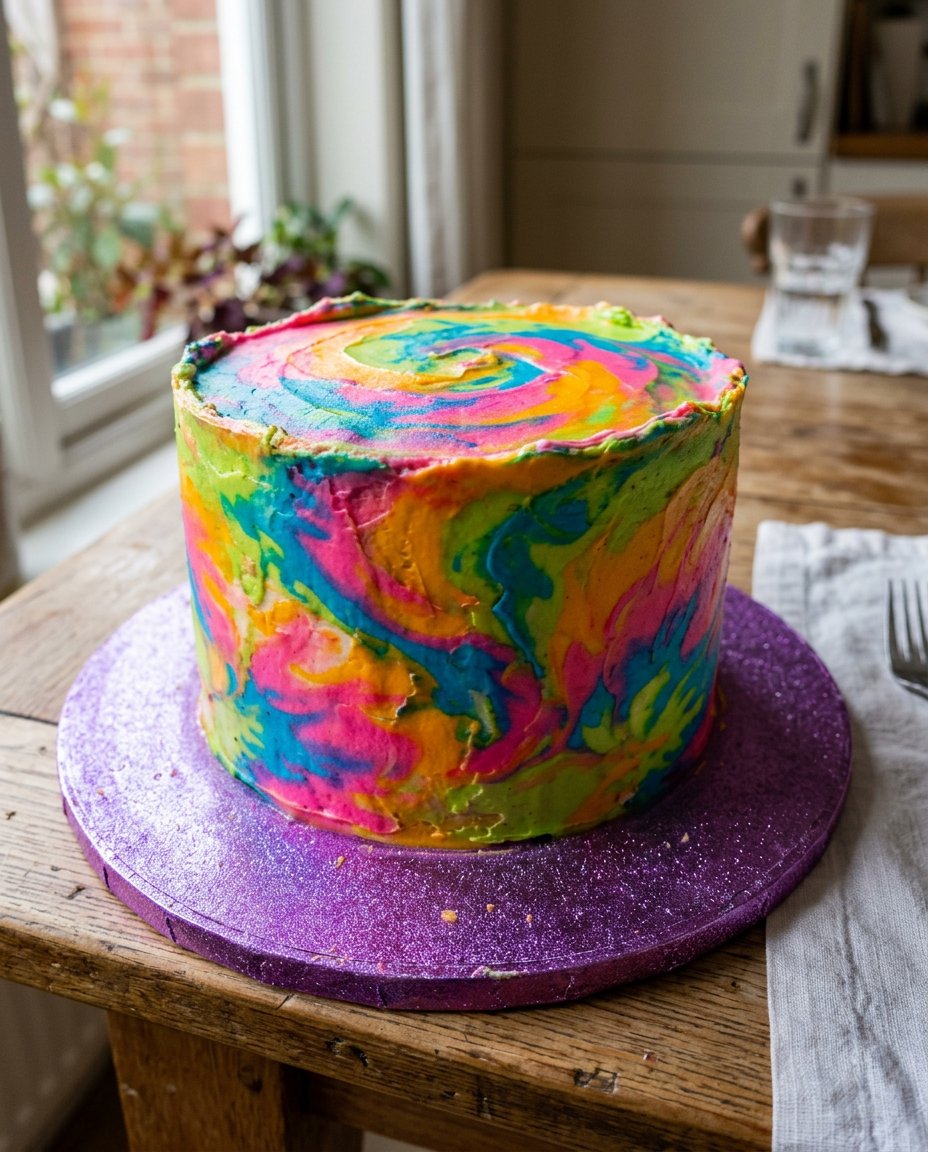 A rustic farmhouse cake with painted flowers sitting on a wooden kitchen table.